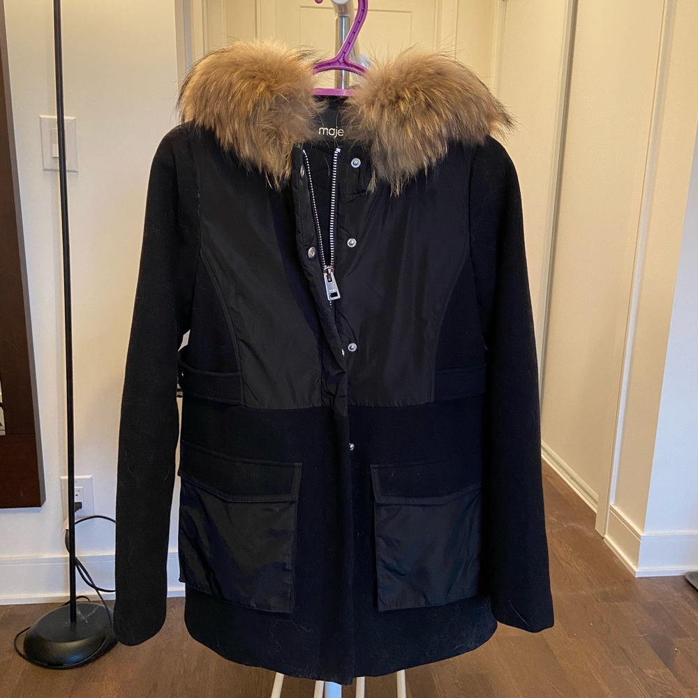 Maje Wool Coat with detachable Racoon Fur Trim